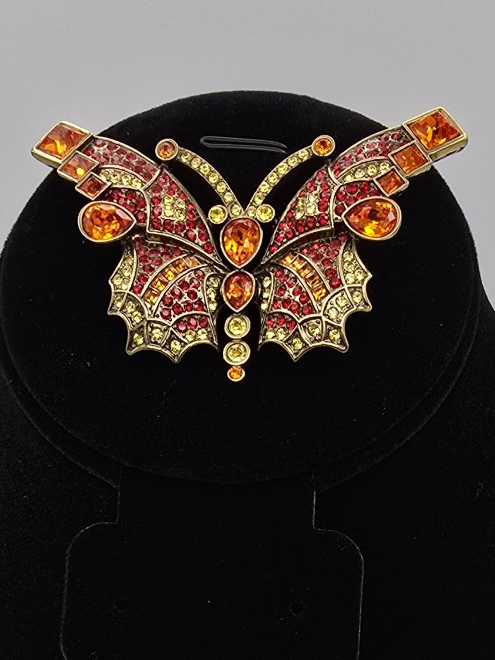 Heidi Daus “Butterfly Kiss” Red/Orange/Yellow Crystal Brooch Pin - EUC